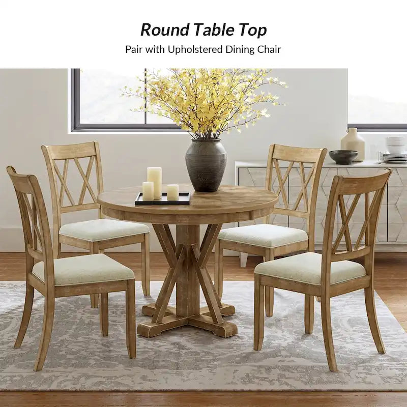 Table de salle à manger ronde Felicia Farmhouse en bois massif naturel avec piètement en croix pour 4 personnes par HULALA HOME