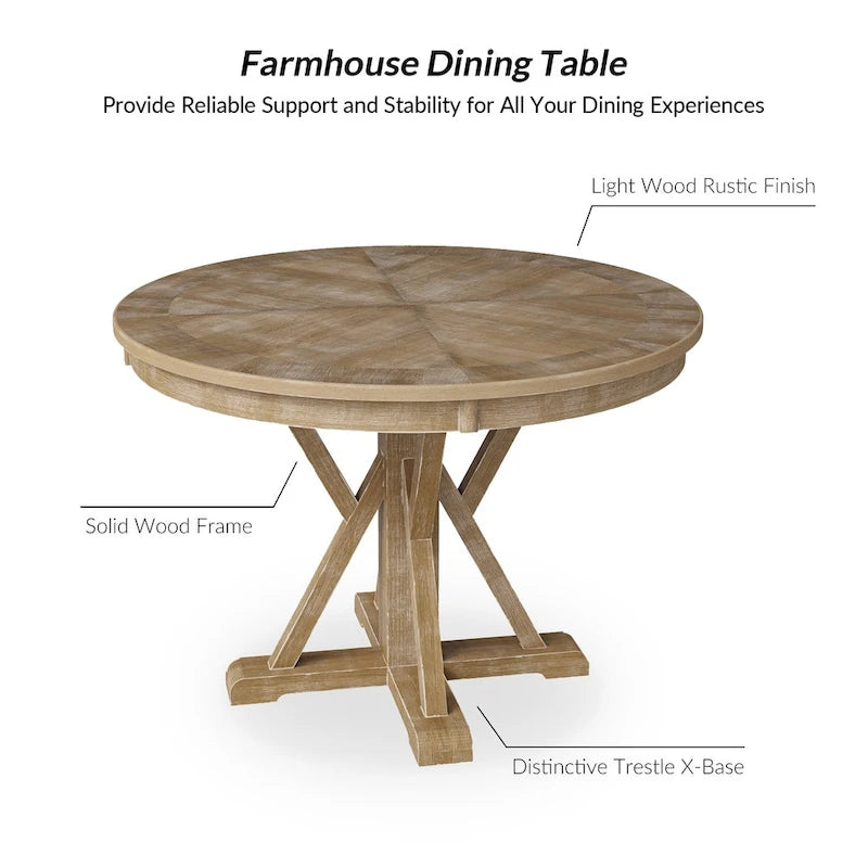 Table de salle à manger ronde Felicia Farmhouse en bois massif naturel avec piètement en croix pour 4 personnes par HULALA HOME