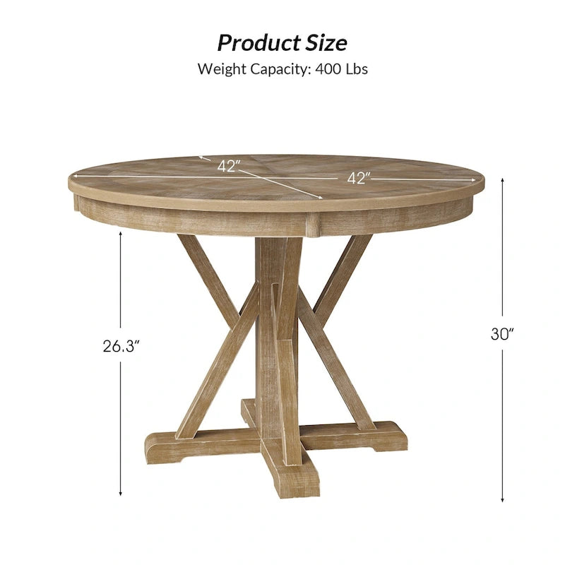 Table de salle à manger ronde Felicia Farmhouse en bois massif naturel avec piètement en croix pour 4 personnes par HULALA HOME