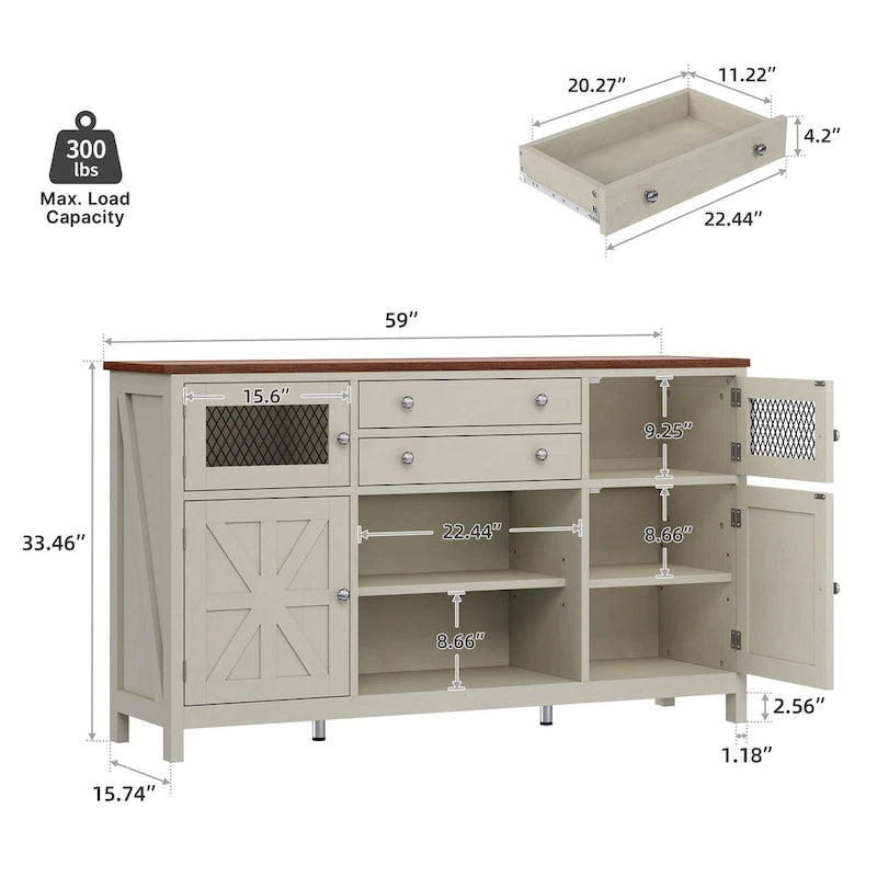 Moasis Buffet de ferme avec rangement, bahut à 2 tiroirs pour cuisine et salle à manger