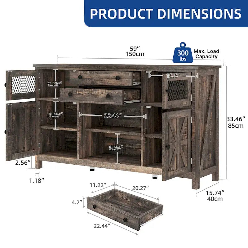 Moasis Buffet de ferme avec rangement, bahut à 2 tiroirs pour cuisine et salle à manger