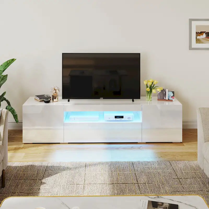 Meuble TV Moasis 70 pouces en bois laqué haute brillance avec LED et console multimédia