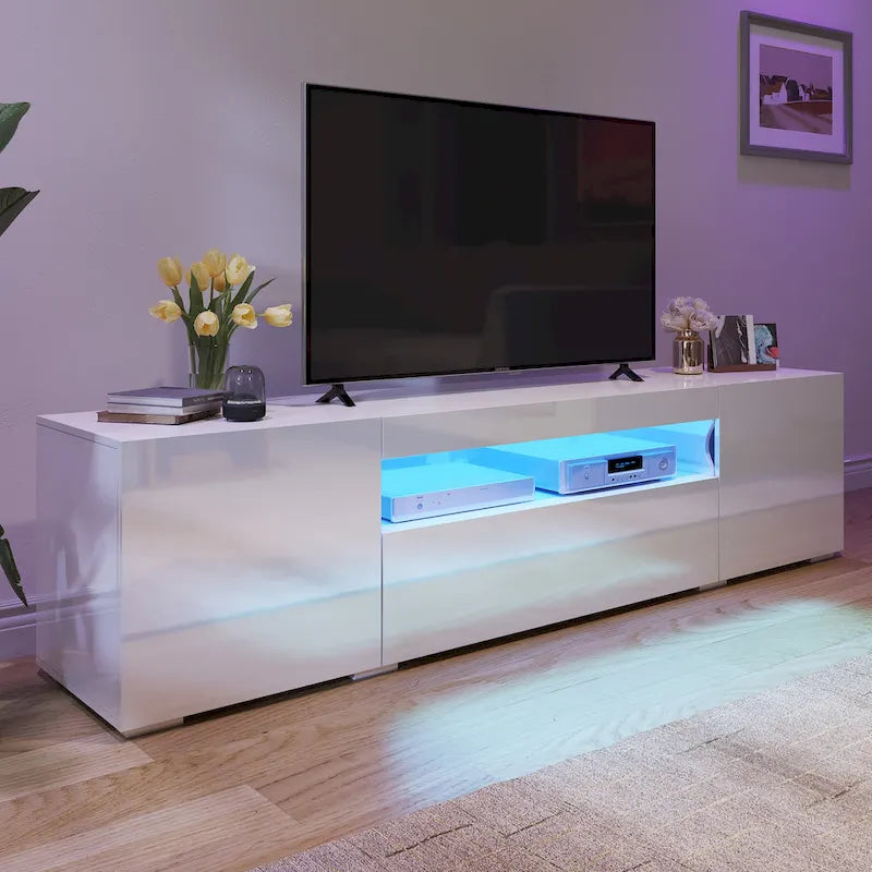 Meuble TV Moasis 70 pouces en bois laqué haute brillance avec LED et console multimédia