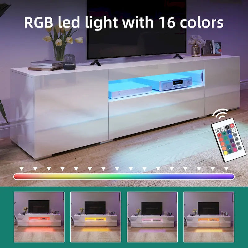 Meuble TV Moasis 70 pouces en bois laqué haute brillance avec LED et console multimédia