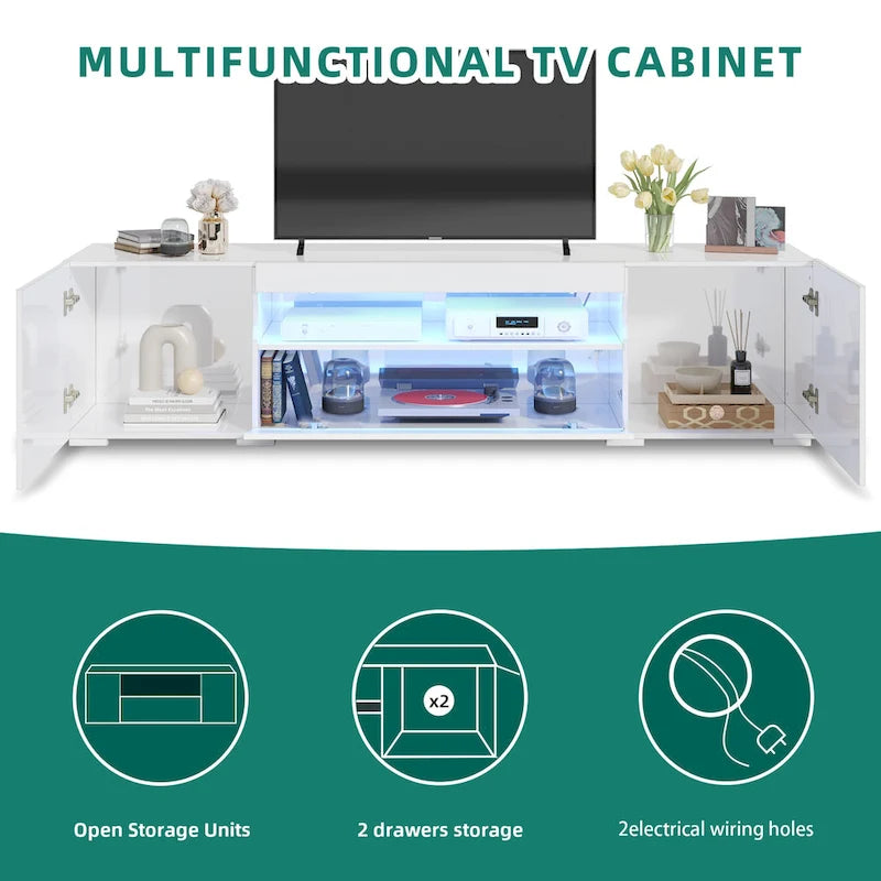 Meuble TV Moasis 70 pouces en bois laqué haute brillance avec LED et console multimédia