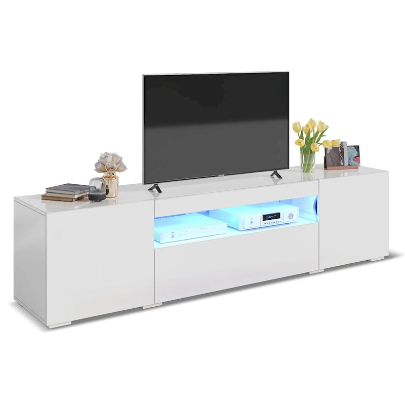 Meuble TV Moasis 70 pouces en bois laqué haute brillance avec LED et console multimédia