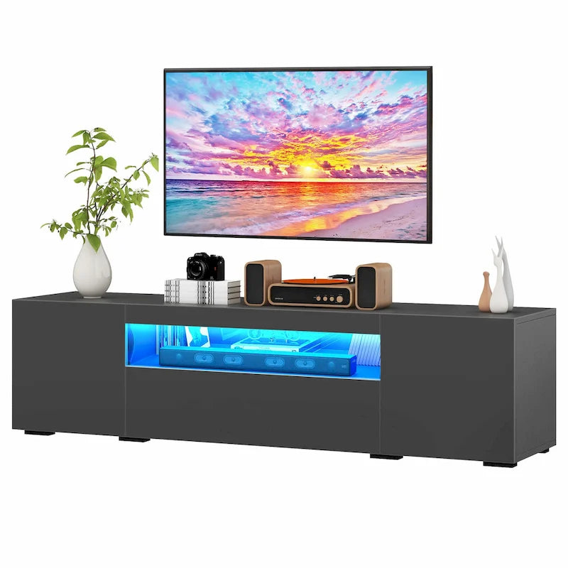 Meuble TV Moasis 70 pouces en bois laqué haute brillance avec LED et console multimédia