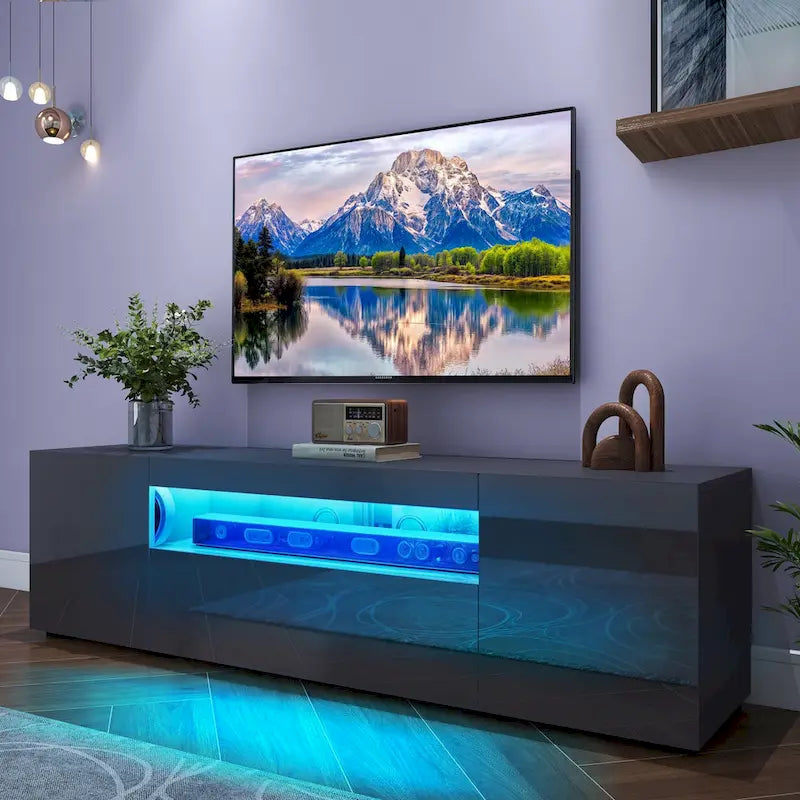 Meuble TV Moasis 70 pouces en bois laqué haute brillance avec LED et console multimédia
