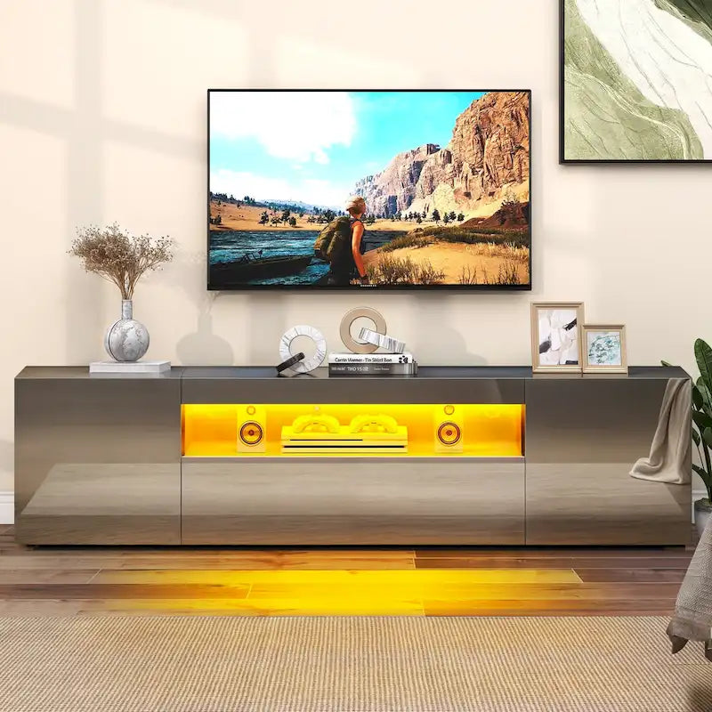 Meuble TV Moasis 70 pouces en bois laqué haute brillance avec LED et console multimédia