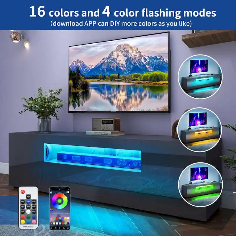 Meuble TV Moasis 70 pouces en bois laqué haute brillance avec LED et console multimédia