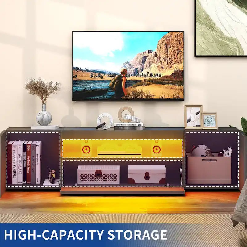 Meuble TV Moasis 70 pouces en bois laqué haute brillance avec LED et console multimédia