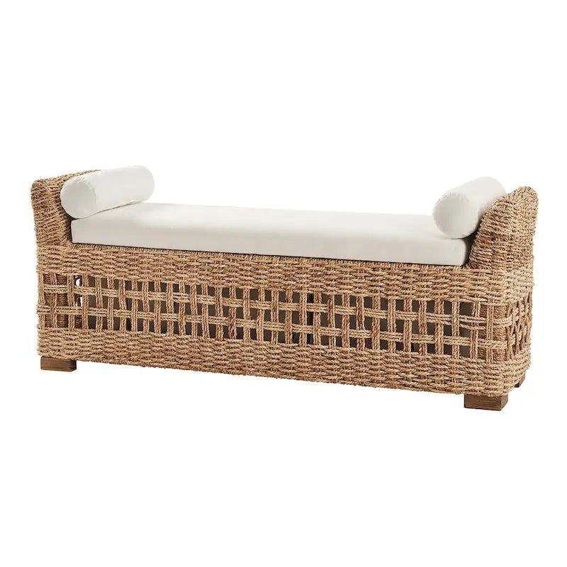 Banc de rangement Abel Boho Coastal en rotin avec design ajouré et pieds en bois massif par HULALA HOME