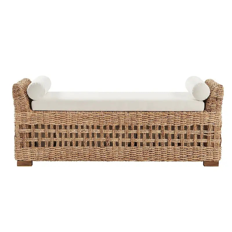 Banc de rangement Abel Boho Coastal en rotin avec design ajouré et pieds en bois massif par HULALA HOME