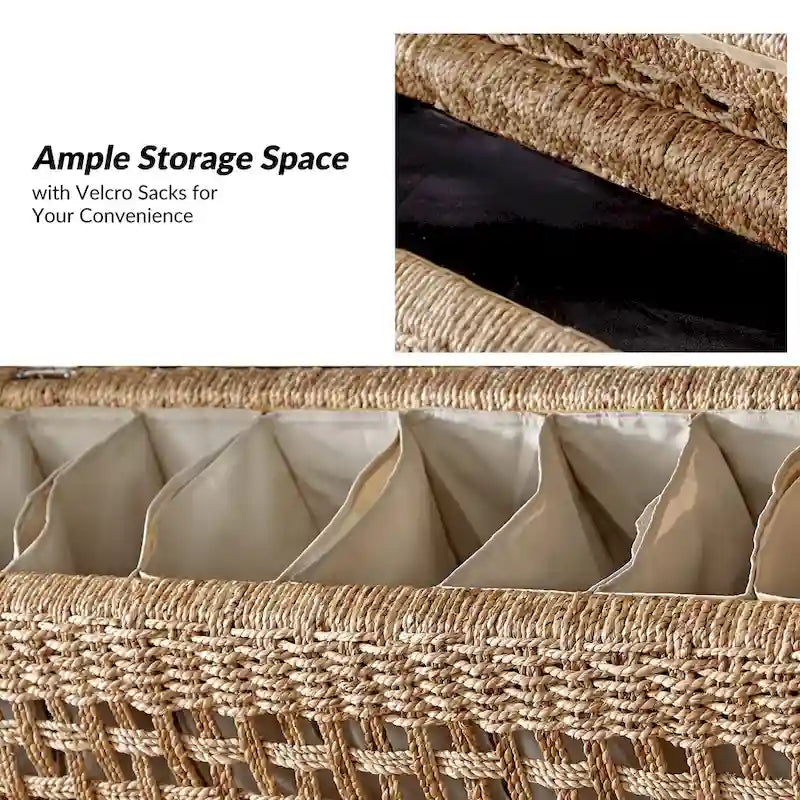 Banc de rangement Abel Boho Coastal en rotin avec design ajouré et pieds en bois massif par HULALA HOME