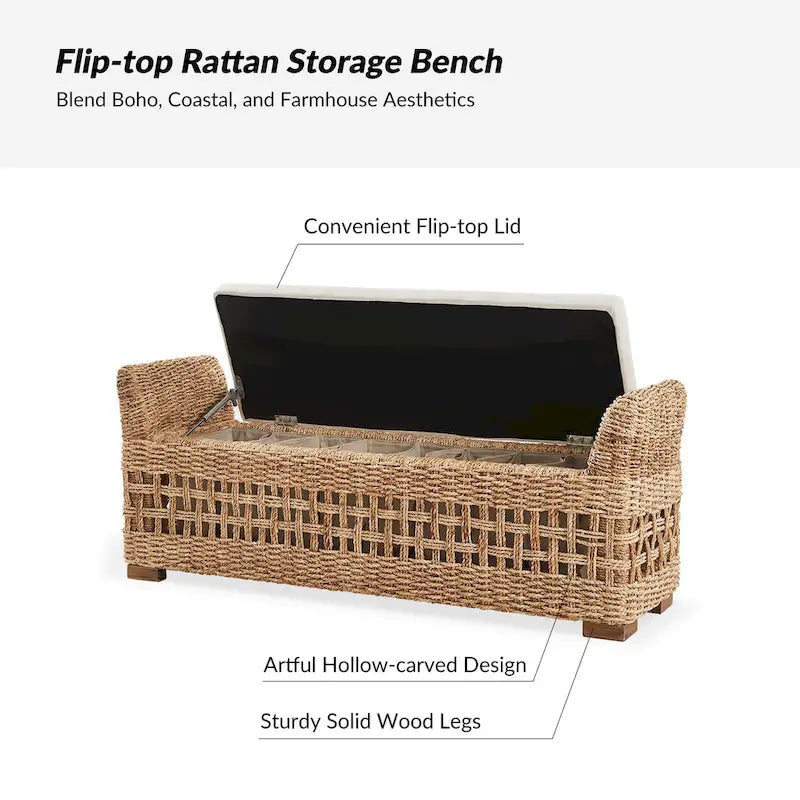Banc de rangement Abel Boho Coastal en rotin avec design ajouré et pieds en bois massif par HULALA HOME