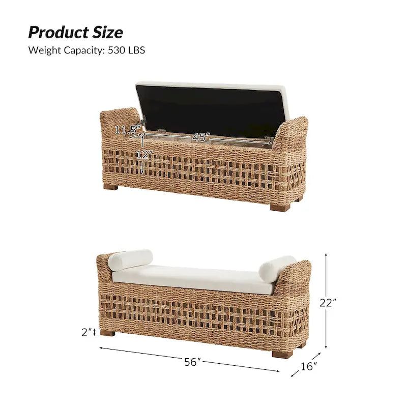 Banc de rangement Abel Boho Coastal en rotin avec design ajouré et pieds en bois massif par HULALA HOME