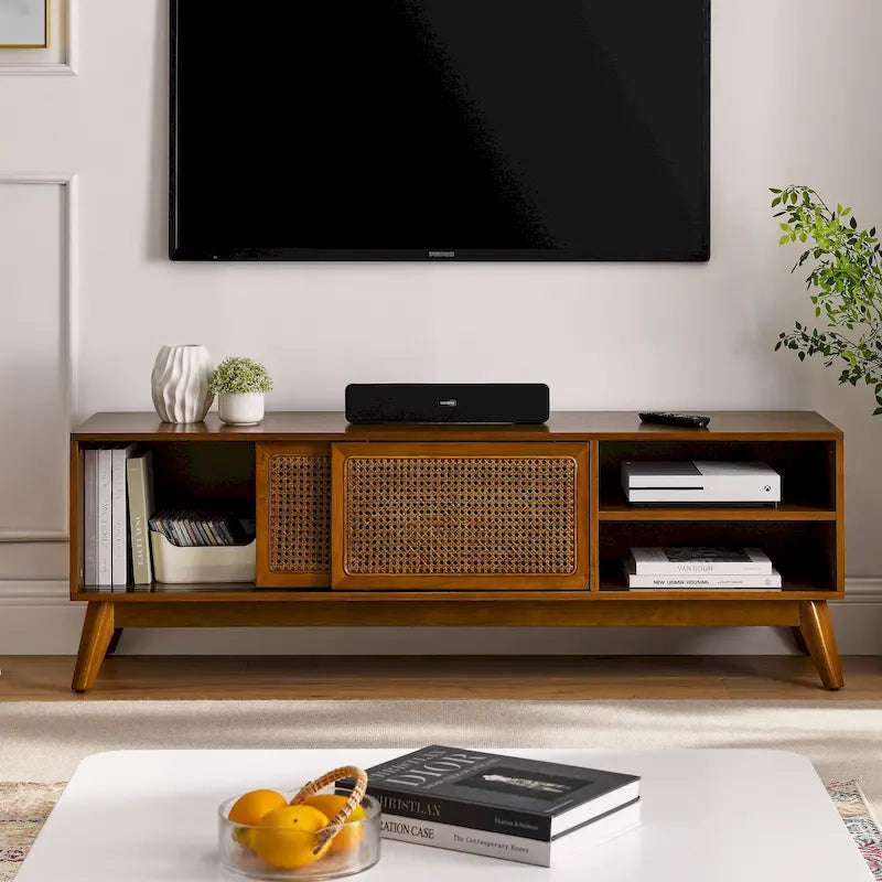 Meuble TV en rotin de style moderne du milieu du siècle de 150 cm pour téléviseur de 65 pouces