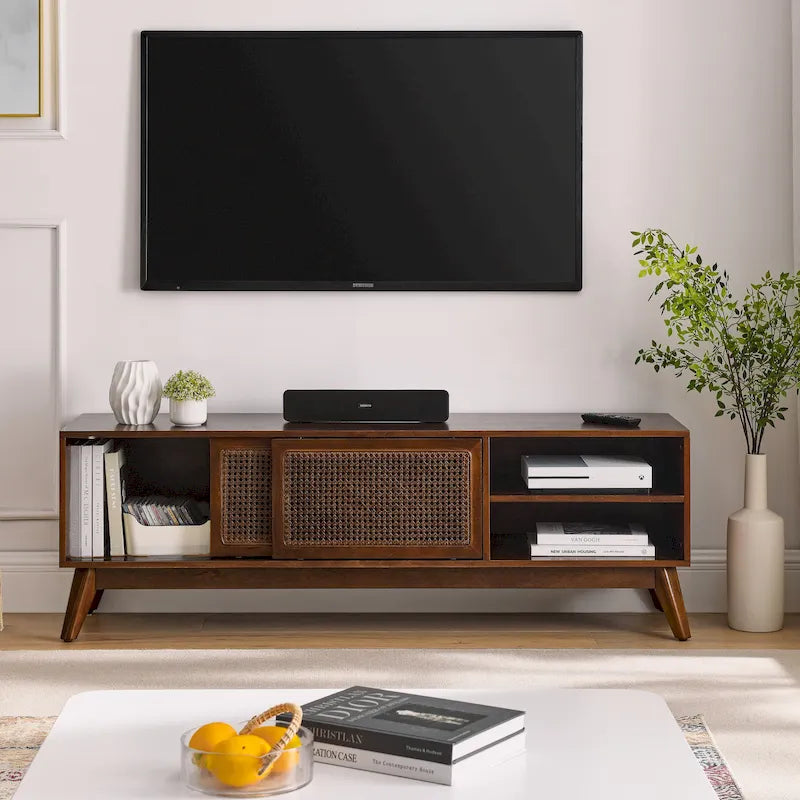Meuble TV en rotin de style moderne du milieu du siècle de 150 cm pour téléviseur de 65 pouces