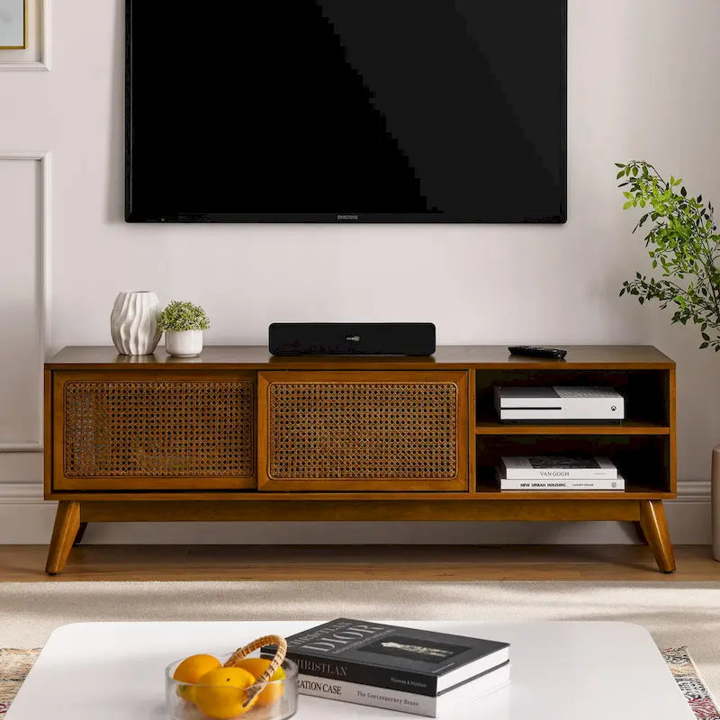 Meuble TV en rotin de style moderne du milieu du siècle de 150 cm pour téléviseur de 65 pouces