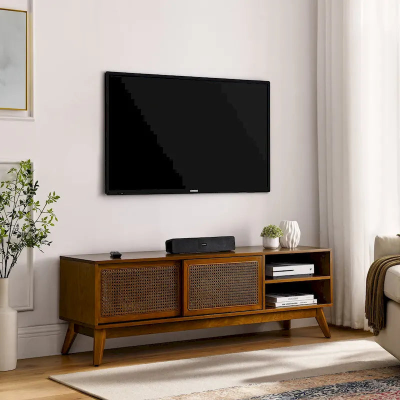 Meuble TV en rotin de style moderne du milieu du siècle de 150 cm pour téléviseur de 65 pouces