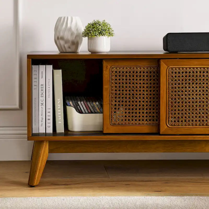 Meuble TV en rotin de style moderne du milieu du siècle de 150 cm pour téléviseur de 65 pouces