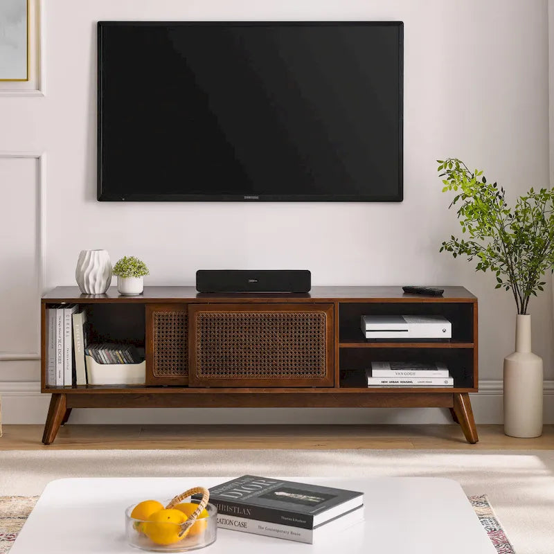 Meuble TV en rotin de style moderne du milieu du siècle de 150 cm pour téléviseur de 65 pouces