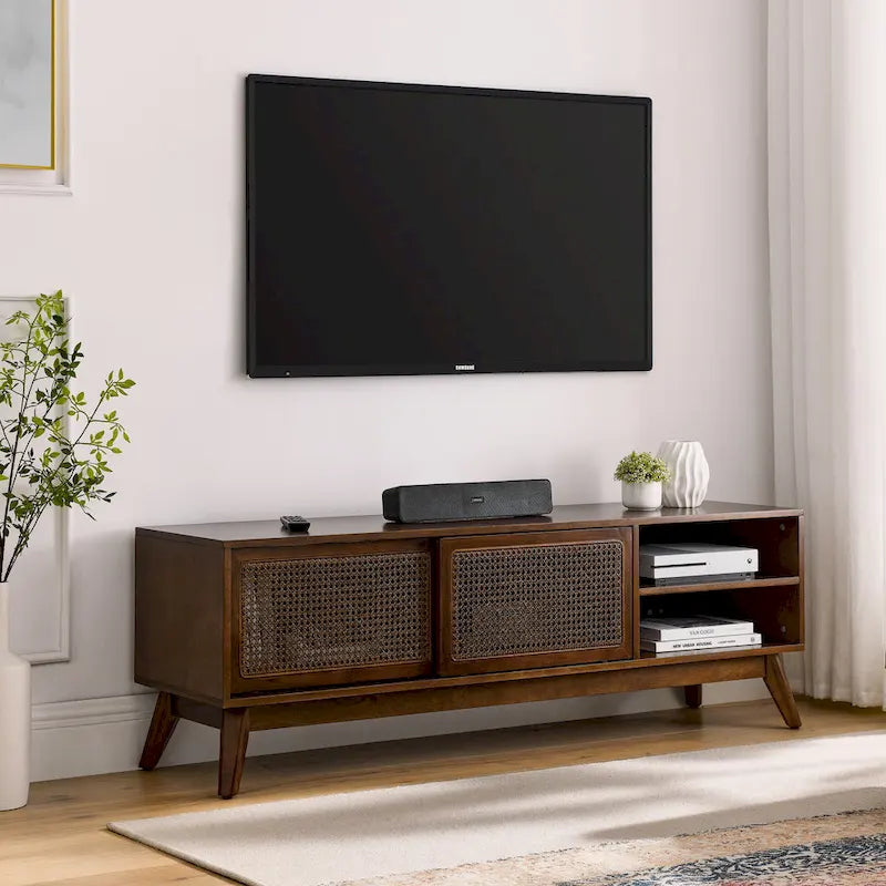 Meuble TV en rotin de style moderne du milieu du siècle de 150 cm pour téléviseur de 65 pouces
