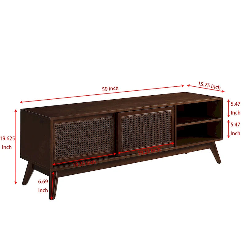 Meuble TV en rotin de style moderne du milieu du siècle de 150 cm pour téléviseur de 65 pouces