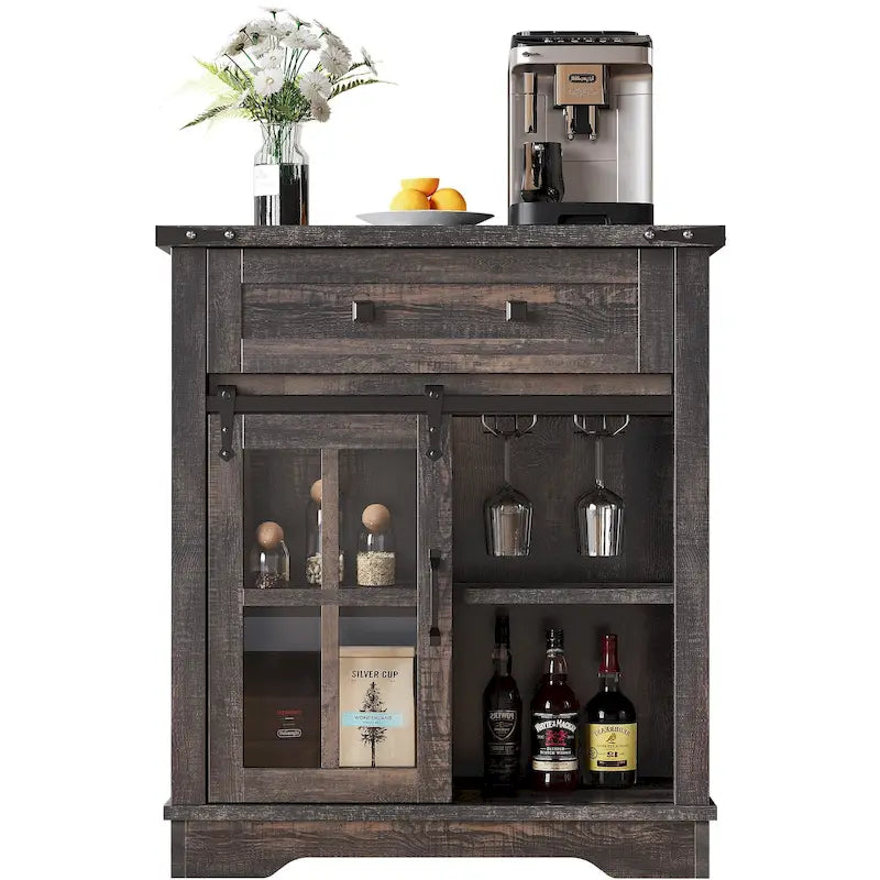 Buffet de cuisine Moasis avec porte coulissante style grange et porte-verres à vin