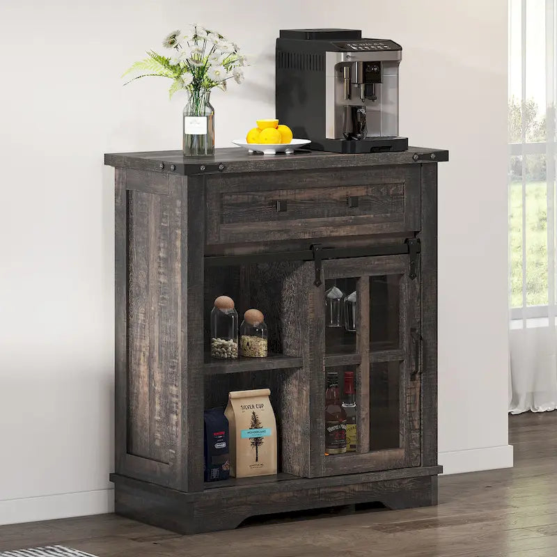 Buffet de cuisine Moasis avec porte coulissante style grange et porte-verres à vin