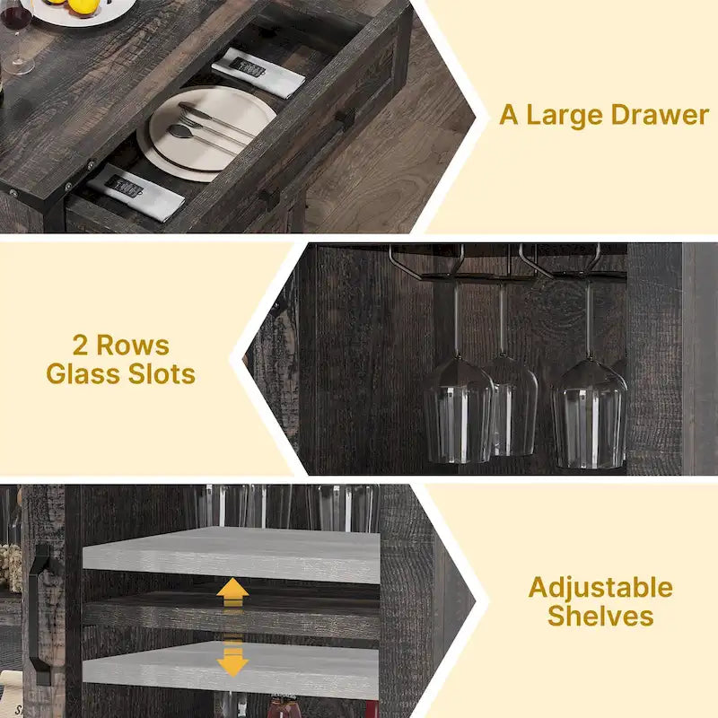 Buffet de cuisine Moasis avec porte coulissante style grange et porte-verres à vin