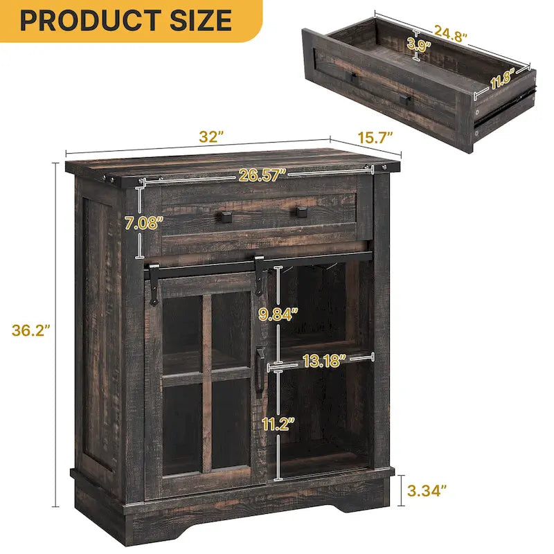 Buffet de cuisine Moasis avec porte coulissante style grange et porte-verres à vin