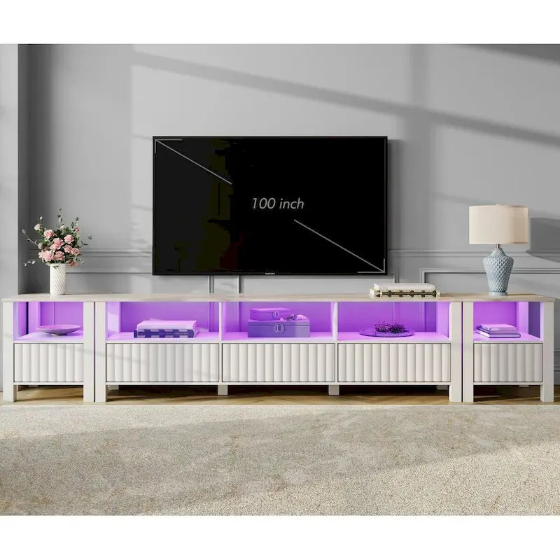 Meuble TV Blanc pour téléviseur de 65 à 100 pouces avec éclairage LED, Console TV Moderne