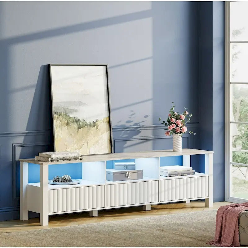Meuble TV Blanc pour téléviseur de 65 à 100 pouces avec éclairage LED, Console TV Moderne
