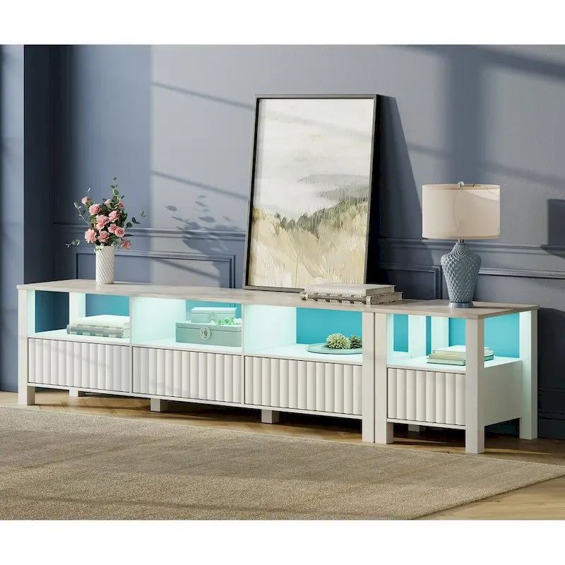Meuble TV Blanc pour téléviseur de 65 à 100 pouces avec éclairage LED, Console TV Moderne