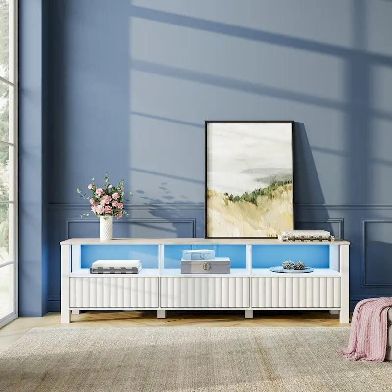 Meuble TV Blanc pour téléviseur de 65 à 100 pouces avec éclairage LED, Console TV Moderne