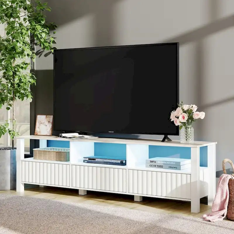 Meuble TV Blanc pour téléviseur de 65 à 100 pouces avec éclairage LED, Console TV Moderne