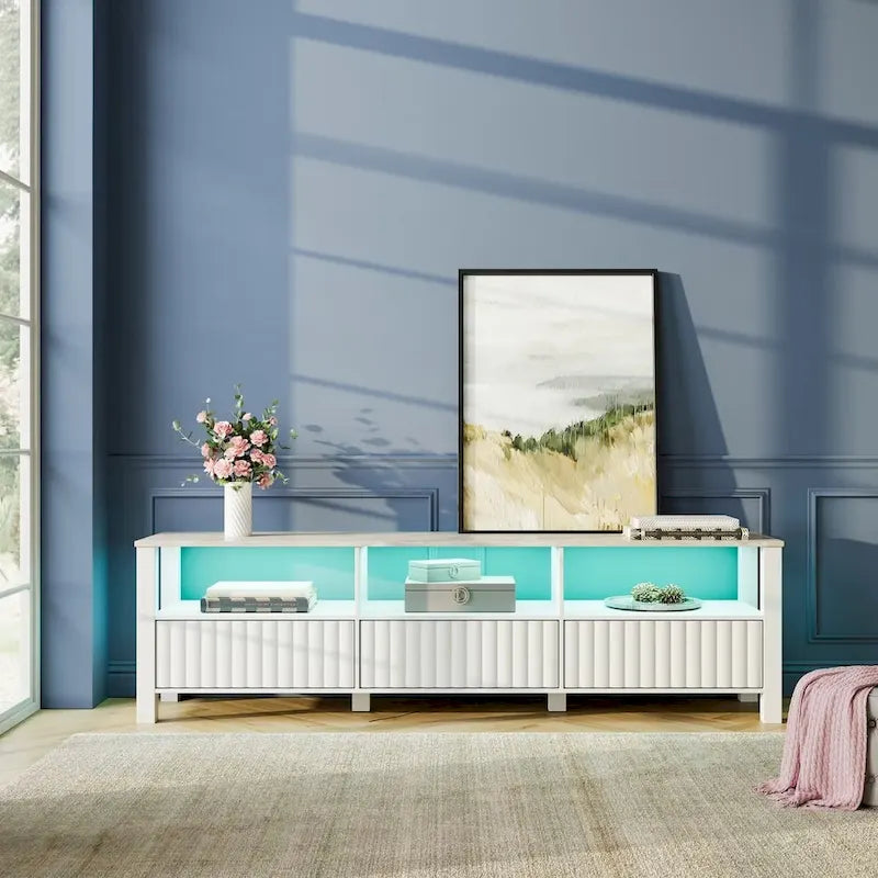 Meuble TV Blanc pour téléviseur de 65 à 100 pouces avec éclairage LED, Console TV Moderne