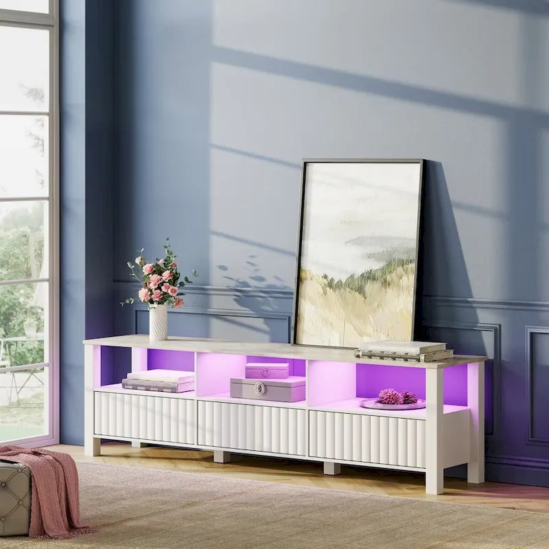 Meuble TV Blanc pour téléviseur de 65 à 100 pouces avec éclairage LED, Console TV Moderne