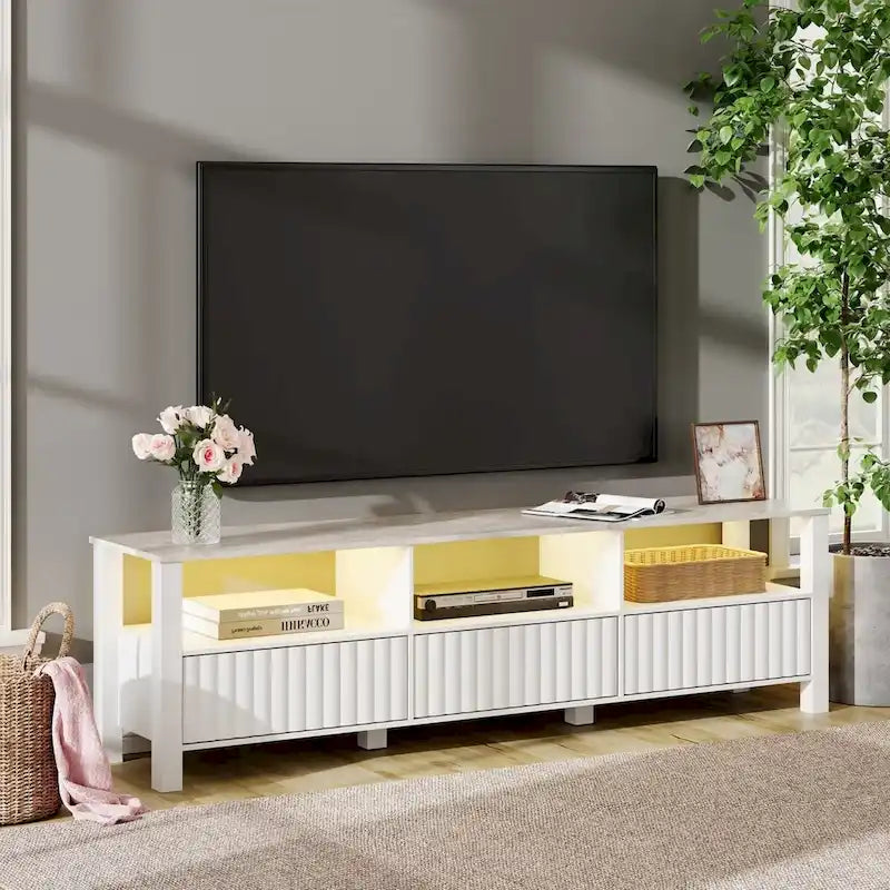 Meuble TV Blanc pour téléviseur de 65 à 100 pouces avec éclairage LED, Console TV Moderne