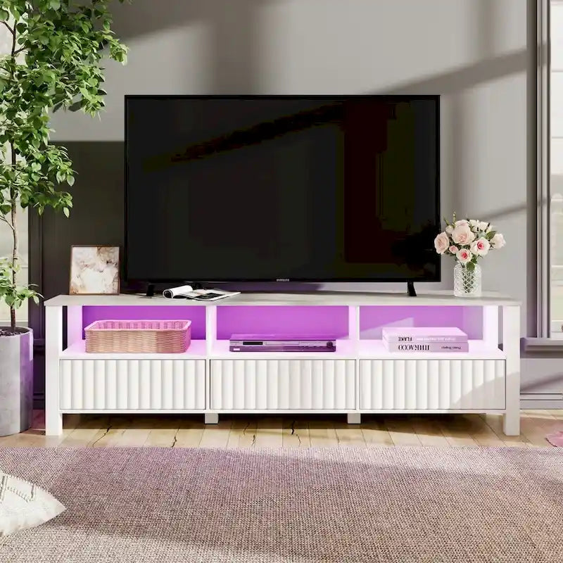 Meuble TV Blanc pour téléviseur de 65 à 100 pouces avec éclairage LED, Console TV Moderne