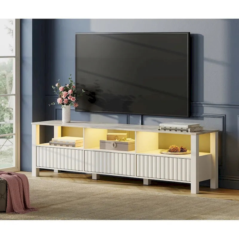 Meuble TV Blanc pour téléviseur de 65 à 100 pouces avec éclairage LED, Console TV Moderne