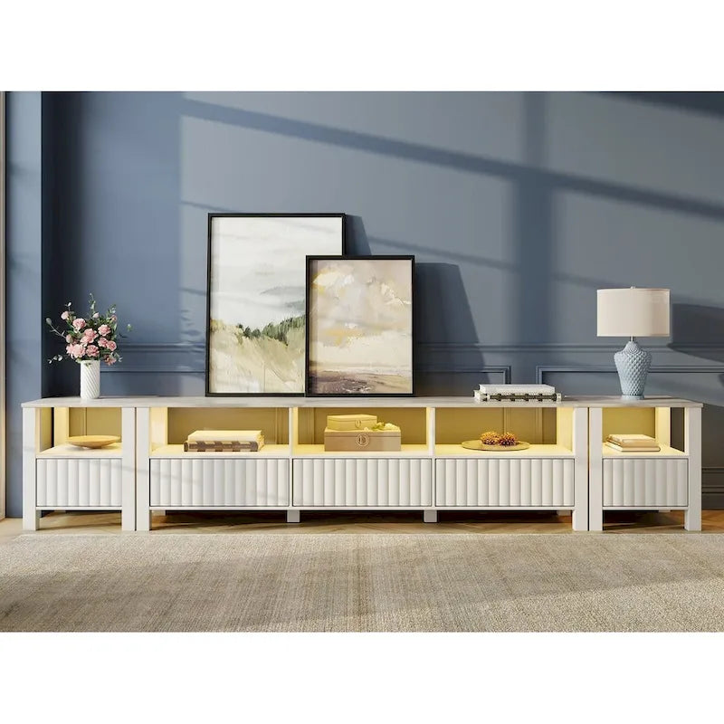Meuble TV Blanc pour téléviseur de 65 à 100 pouces avec éclairage LED, Console TV Moderne