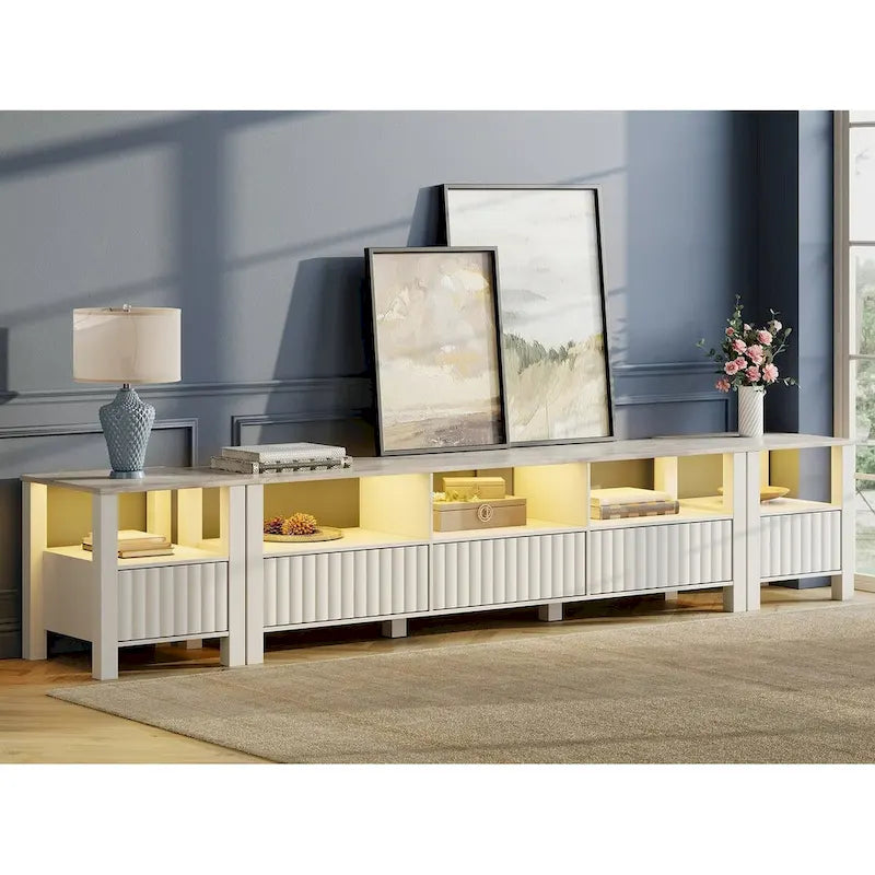 Meuble TV Blanc pour téléviseur de 65 à 100 pouces avec éclairage LED, Console TV Moderne
