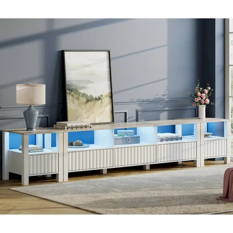 Meuble TV Blanc pour téléviseur de 65 à 100 pouces avec éclairage LED, Console TV Moderne