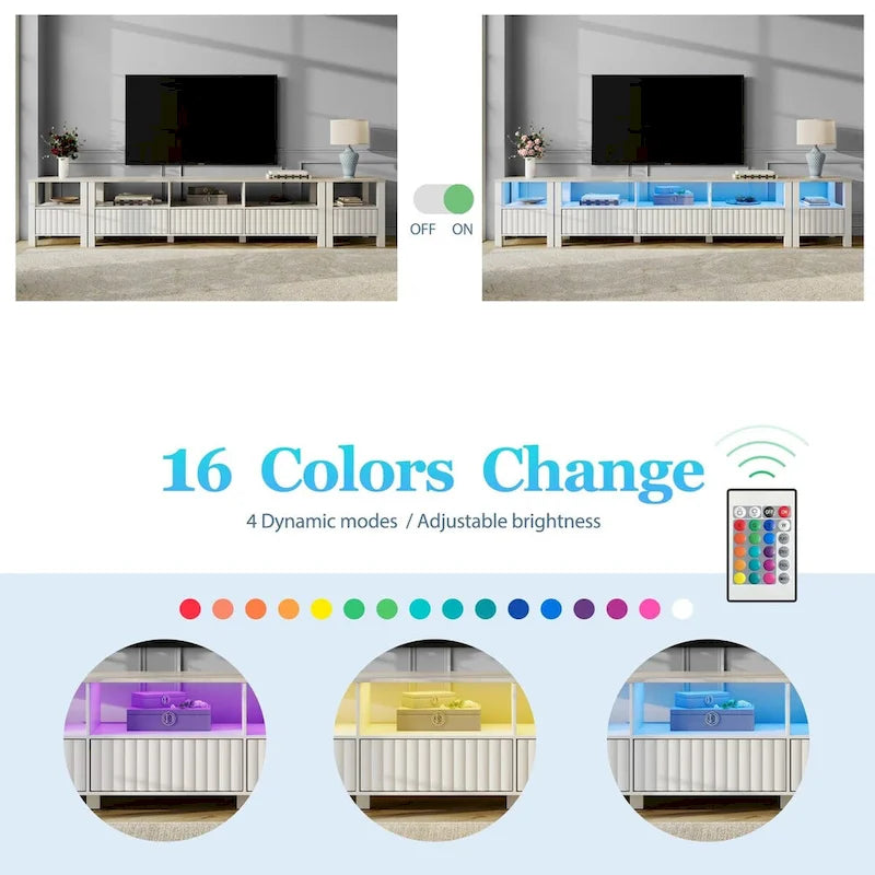 Meuble TV Blanc pour téléviseur de 65 à 100 pouces avec éclairage LED, Console TV Moderne