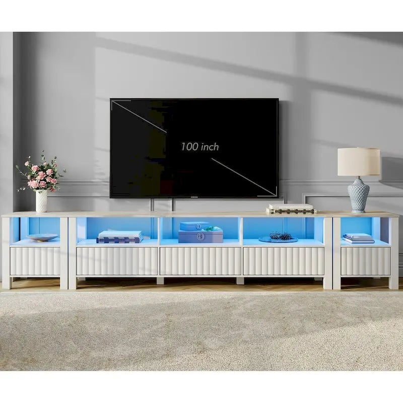 Meuble TV Blanc pour téléviseur de 65 à 100 pouces avec éclairage LED, Console TV Moderne