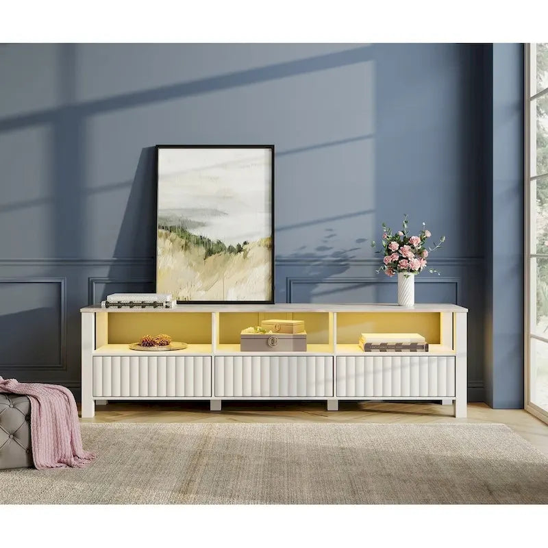 Meuble TV Blanc pour téléviseur de 65 à 100 pouces avec éclairage LED, Console TV Moderne