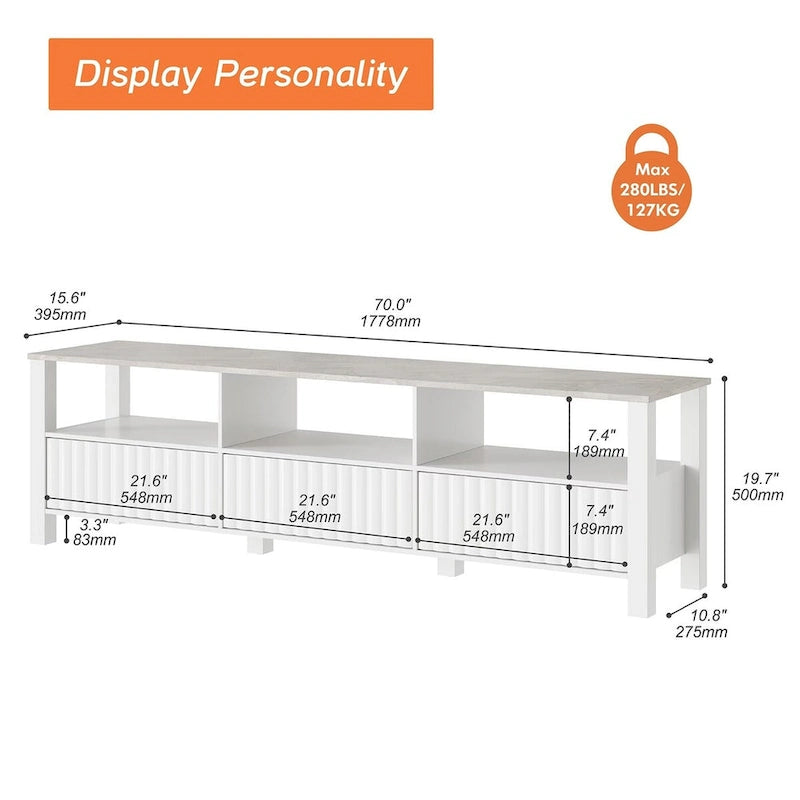 Meuble TV Blanc pour téléviseur de 65 à 100 pouces avec éclairage LED, Console TV Moderne