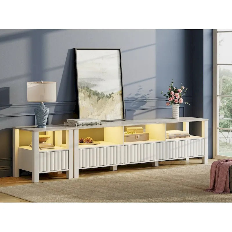 Meuble TV Blanc pour téléviseur de 65 à 100 pouces avec éclairage LED, Console TV Moderne